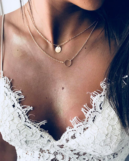 New Summer Multi Layer Sequined Choker Necklace For Women Gold Color Double Layer Round Pendant Necklace Fashion Jewelry - Vibes Harmony