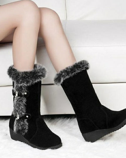 Brown New Winter Women Casual Warm Fur Mid-Calf Boots Shoes Women Slip-On Round Toe Flats Snow Boots Shoes - Vibes Harmony