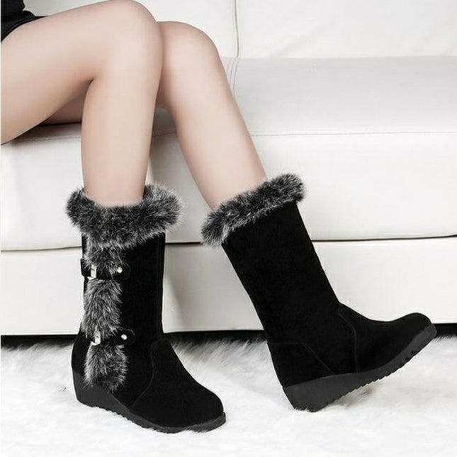 Brown New Winter Women Casual Warm Fur Mid-Calf Boots Shoes Women Slip-On Round Toe Flats Snow Boots Shoes