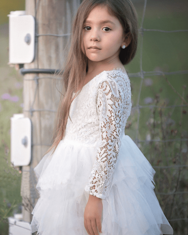 Autumn And Winter Explosions Hollow Children's Skirt Lace Long-sleeved Girls White Princess Dress Irregular Dress - Vibes Harmony