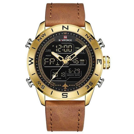 NAVIFORCE 9144 Fashion Gold Men Sport Watches Mens LED Analog Digital Watch Army Military Leather Quartz Watch Relogio Masculino - Vibes Harmony