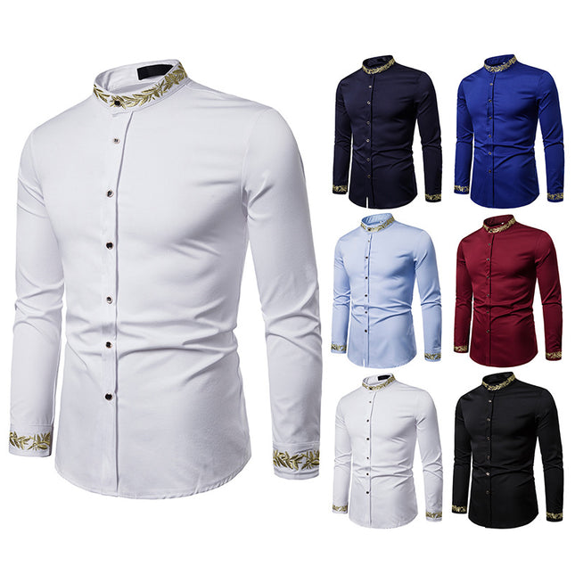 Gold Embroidery White Shirt Men Brand New Stand Collar Mens Dress Shirts Casual Slim Long Sleeve Chemise Homme Camisa Masculina - Vibes Harmony