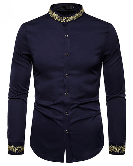 Gold Embroidery White Shirt Men Brand New Stand Collar Mens Dress Shirts Casual Slim Long Sleeve Chemise Homme Camisa Masculina