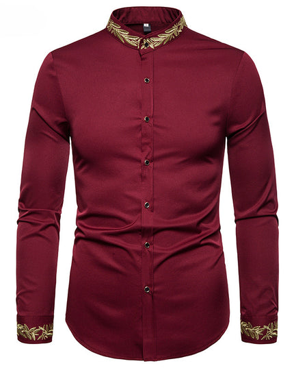 Gold Embroidery White Shirt Men Brand New Stand Collar Mens Dress Shirts Casual Slim Long Sleeve Chemise Homme Camisa Masculina - Vibes Harmony