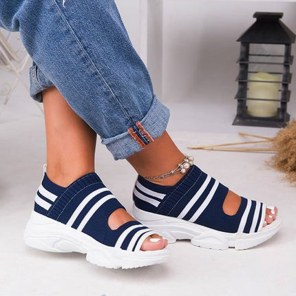 Flying Woven Sandals Women's New Summer Flat-Bottomed Style Comfortable Elastic Thick-Soled Sports Fish Mouth Shoes Large Size Factory