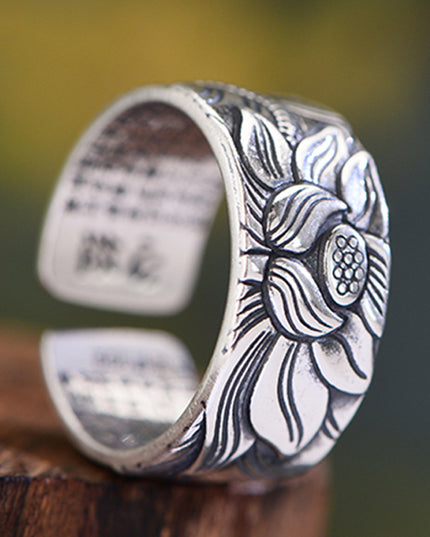 Buddhism Jewelry Like Vintage And Old Real Silver Plated Prajna Paramita Heart Sutra Lotus Ring - Vibes Harmony