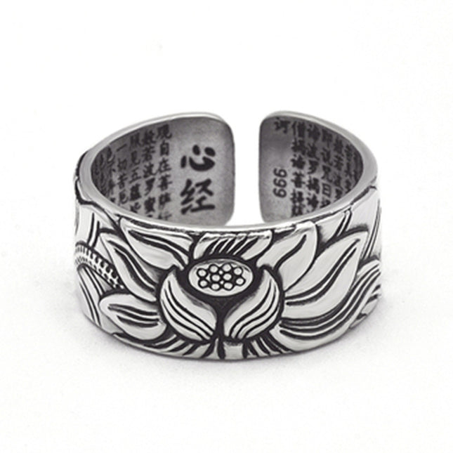 Buddhism Jewelry Like Vintage And Old Real Silver Plated Prajna Paramita Heart Sutra Lotus Ring - Vibes Harmony