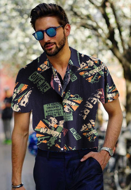 Vintage Letter Print Turn-down Collar Shirts Men Casual Short Sleeve Tops Summer Mens Button Loose Shirt Fashion Streetwear - Vibes Harmony