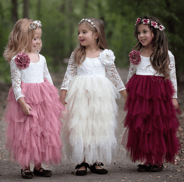 Autumn And Winter Explosions Hollow Children's Skirt Lace Long-sleeved Girls White Princess Dress Irregular Dress - Vibes Harmony