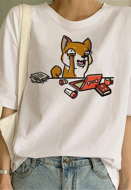 Fashionable and Cute Shiba Inu Print T-shirt
