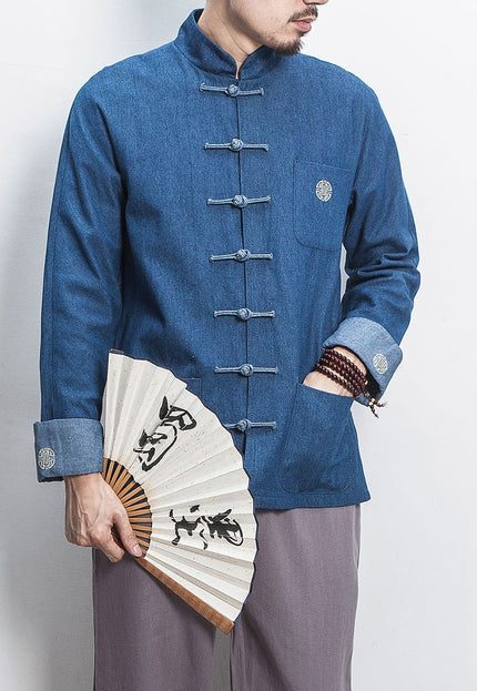 Retro Fashion Chinese Style Hanfu Denim Jacket Cheongsam Top Shirt