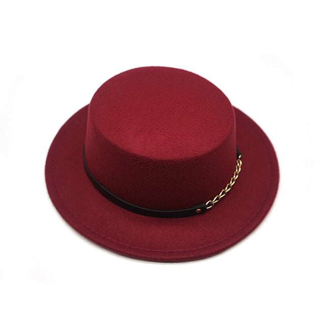 Men's And Women's Retro British Style Chain Solid Color Flat Top Hat