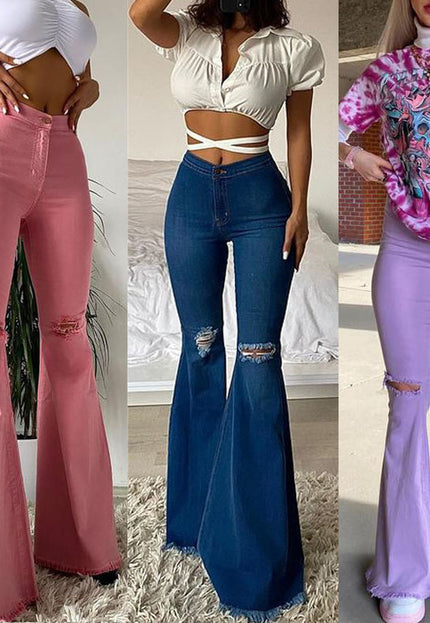 Colored Stretch Denim Trousers With Ripped Frayed Flared Trousers