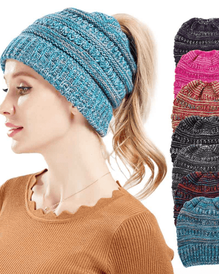 Mixed Color Knitted Wool Hat Ladies Non-labeled Ponytail Hat - Vibes Harmony