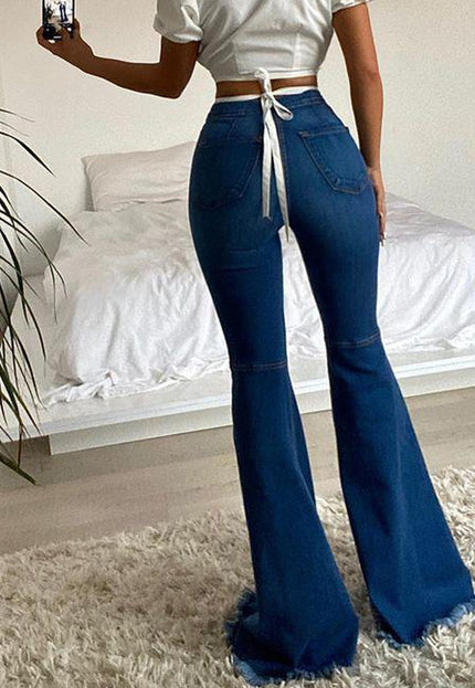 Colored Stretch Denim Trousers With Ripped Frayed Flared Trousers