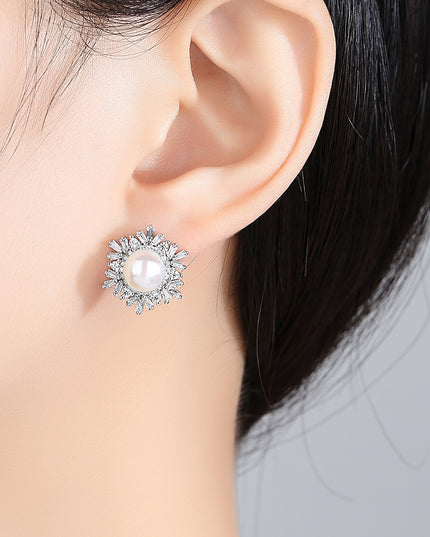 Sterling Silver Snowflake Stud Earrings Korean Gemstone Pearl Earrings Fashion Silver - Vibes Harmony