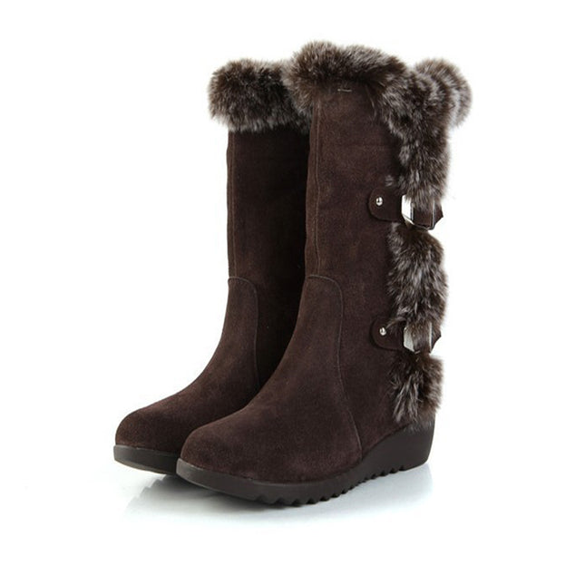 Brown New Winter Women Casual Warm Fur Mid-Calf Boots Shoes Women Slip-On Round Toe Flats Snow Boots Shoes