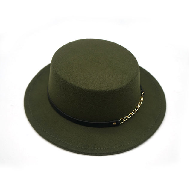 Men's And Women's Retro British Style Chain Solid Color Flat Top Hat