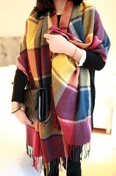 Colorful Extra Long Thick Tassel Plaid Scarf