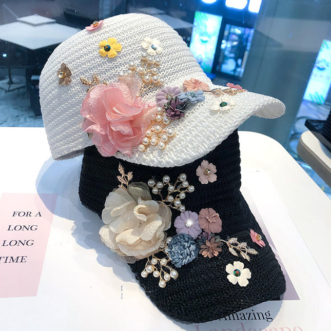 Knitted Flower Rhinestone Baseball Cap Women's Handmade Applique Sunshade