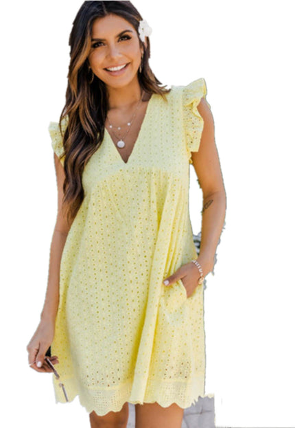 Lace Dresses With Pocket Summer Sleeveless Jacquard Cutout V-Neck Beach Dress