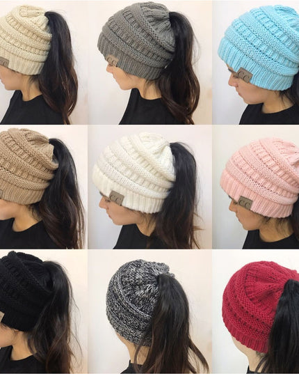 High Bun Ponytail Beanie Hat Chunky Soft Stretch Cable Knit Warm Fuzzy Lined Skull Beanie Acrylic Hats Men And Women - Vibes Harmony