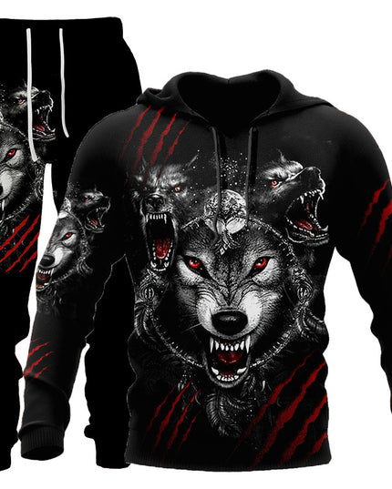 3D Wolf Print Tracksuit Men Sportswear Hooded Sweatsuit Two Piece Outdoors Running Fitness Mens Clothing Jogging Set
