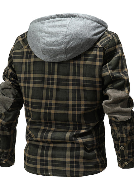 Men Warm Jacket Fleece Lining Lumberjack Plaid Hooded Jackets Snap Button