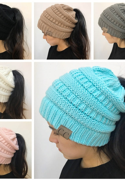 High Bun Ponytail Beanie Hat Chunky Soft Stretch Cable Knit Warm Fuzzy Lined Skull Beanie Acrylic Hats Men And Women - Vibes Harmony