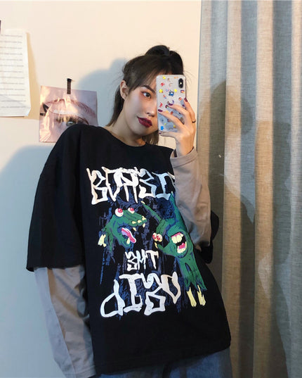 Spring sports fake two-piece hedging cartoon T-shirt women loose - Vibes Harmony