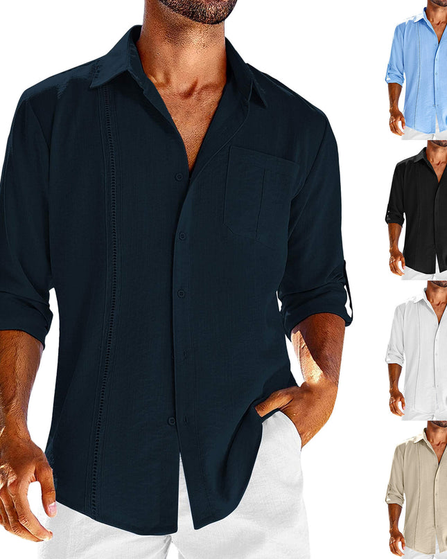 Casual  Long Sleeve Shirt With Pocket Lace Polo Collar Solid Color Button Mens Clothing - Vibes Harmony