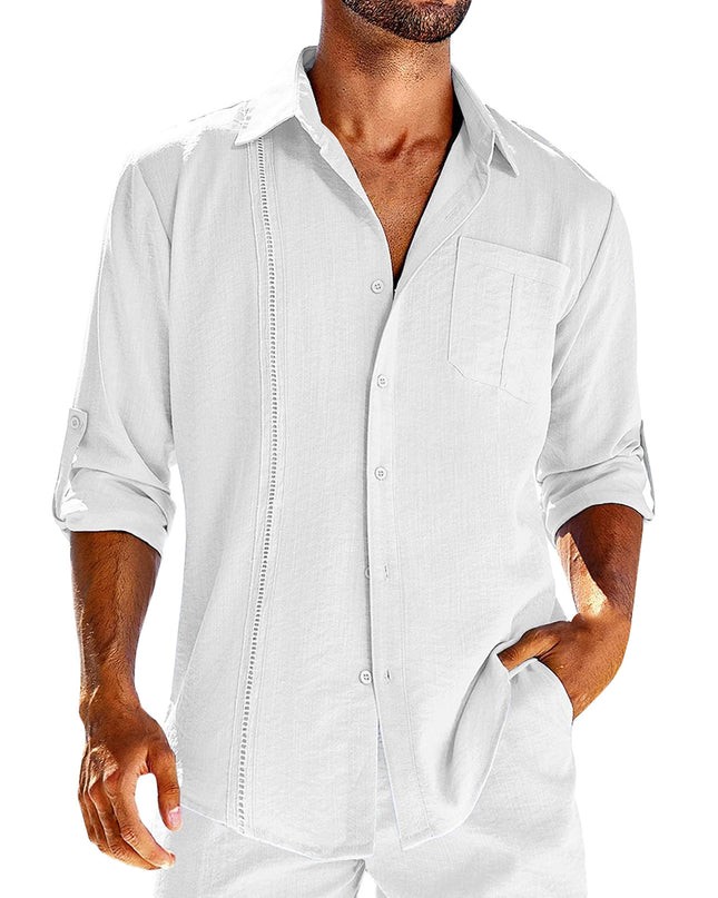 Casual  Long Sleeve Shirt With Pocket Lace Polo Collar Solid Color Button Mens Clothing - Vibes Harmony