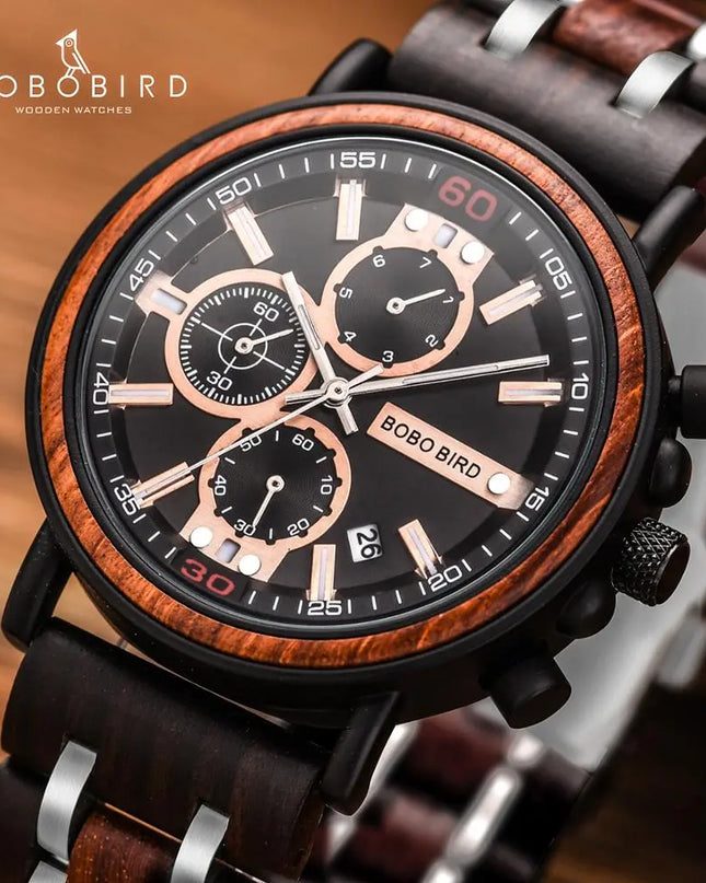 BOBO BIRD Wooden Watch Men Top Brand Luxury Stylish Chronograph Military Watches Wooden Box Logo Custom Great Gift reloj hombre