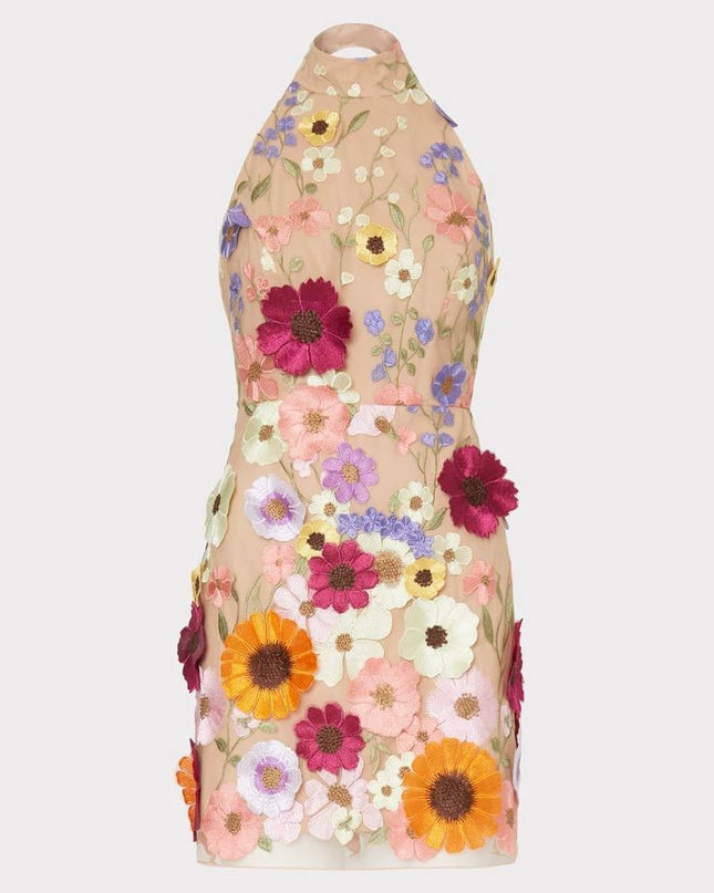 Women Elegant Dress Fashion Embroidery Three-Dimensional Flower Halter Slim Fit Dress Dinner Suit
