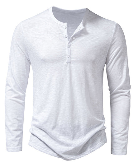 Mens Clothing Long Sleeve T-shirt Fashion Button Henry Collar Tops - Vibes Harmony