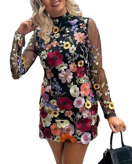 Womens Dresses 2024 Spring Fashion 3D Flower Mesh Lace Embroidery Casual Mock Neck Long Sleeve Slim Fit Daily Mini Dress