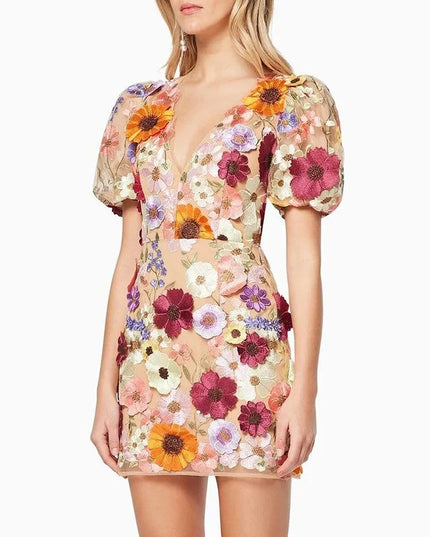 2024 Spring Summer New Women's Clothing V-neck Three-Dimensional Flower Sheath Lantern Sleeve Sexy Embroidered Dress