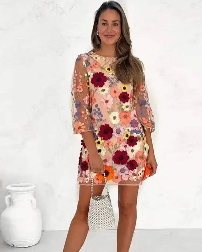 Fashion Flower Printed Embroidered Long Dress Women Elegant O-neck Long Sleeve Lace Slim Dresses 2024 Spring Female Party Robes