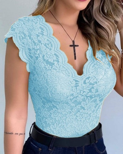 New Women Sexy V Neck Lace Vest Top Sleeveless Solid Wire Free Tops