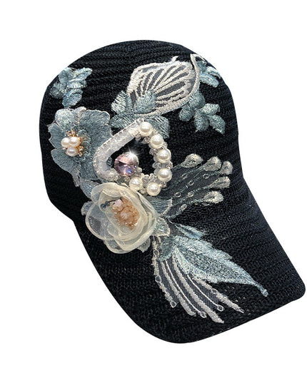 Knitted Flower Rhinestone Baseball Cap Women's Handmade Applique Sunshade