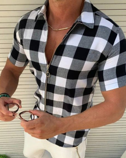 Plaid T Shirt Mens Zipper Short Sleeve Shirts Summer Men Clothing - Vibes Harmony