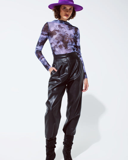 Mesh Top Rouched at the Side in Abstract Purple Print