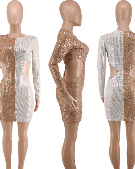 2023 Plus size women's clothing Sexy Dew waist long sleeve mini plus size sequin dresses - Vibes Harmony