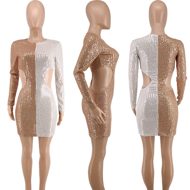 2023 Plus size women's clothing Sexy Dew waist long sleeve mini plus size sequin dresses - Vibes Harmony